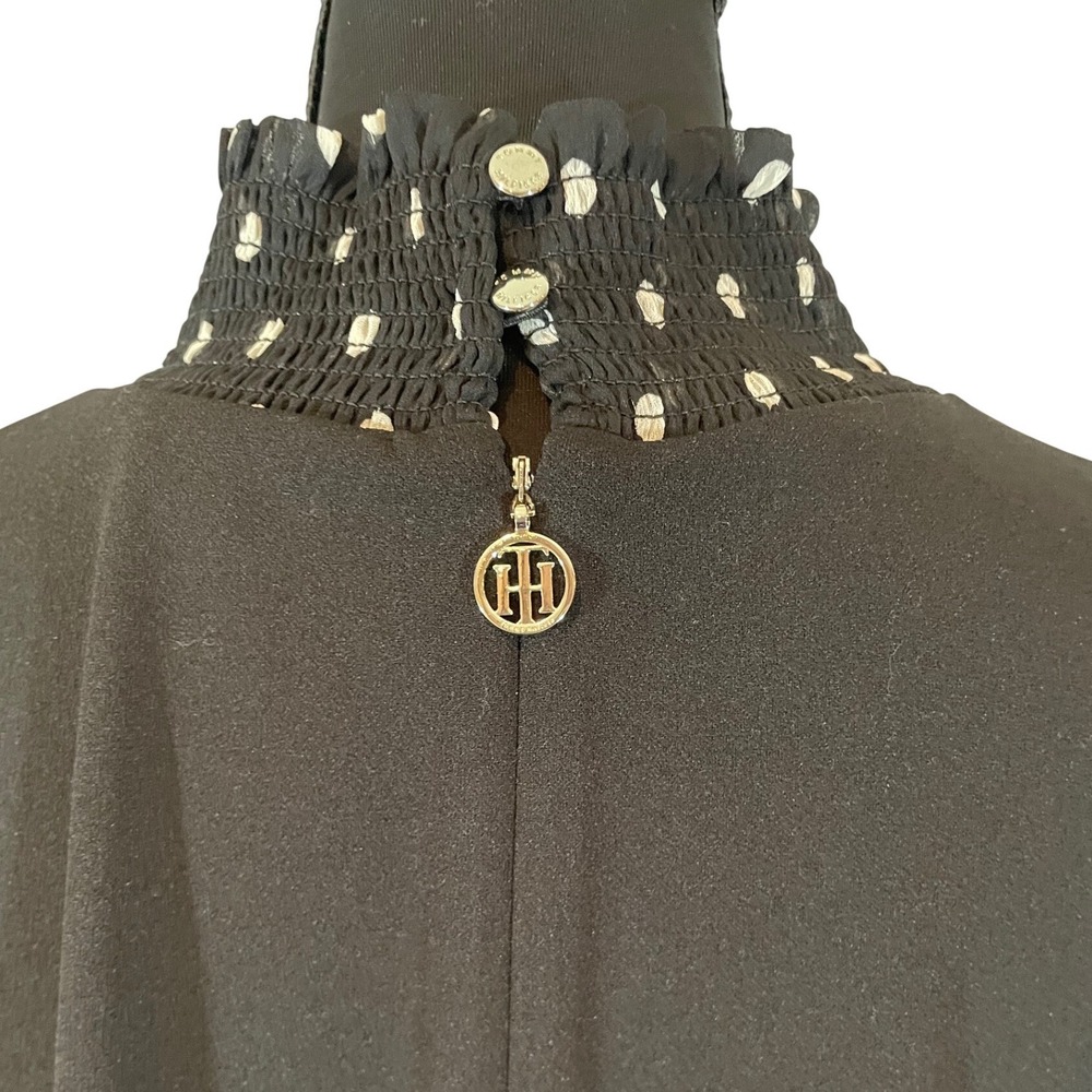 Tommy Hilfiger Black Polka Dot Sheer Sleeve‎ Smocked High Neck Shift Dress Sz 16 - Picture 3 of 7